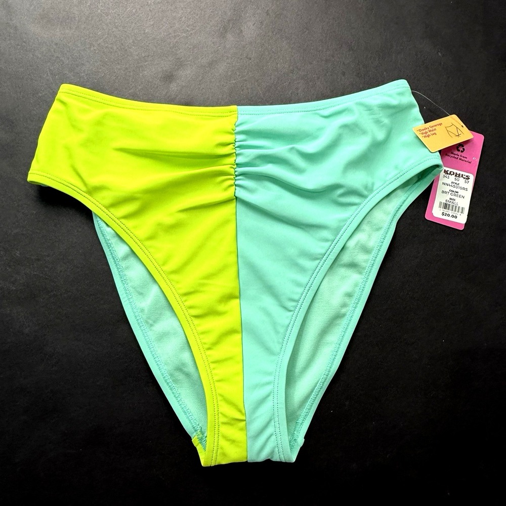 New Bikini Swimsuit Bottom Jr S 3 5 Neon Mint Green ColorBlock Cheeky High Rise
